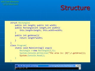 Structure
	
  	
  	
  	
  struct	
  Rectangle{	
  
	
  	
  	
  	
  	
  	
  	
  	
  public	
  int	
  length;	
  public	
  int	
  width;	
  
	
  	
  	
  	
  	
  	
  	
  	
  public	
  Rectangle(int	
  length,int	
  width){	
  
	
  	
  	
  	
  	
  	
  	
  	
  	
  	
  	
  	
  this.length=length;	
  this.width=width;	
  
	
  	
  	
  	
  	
  	
  	
  	
  }	
  
	
  	
  	
  	
  	
  	
  	
  	
  public	
  int	
  getArea(){	
  
	
  	
  	
  	
  	
  	
  	
  	
  	
  	
  	
  	
  return	
  length*width;	
  
	
  	
  	
  	
  	
  	
  	
  	
  }	
  
	
  	
  	
  	
  }	
  
	
  	
  	
  	
  class	
  Program{	
  
	
  	
  	
  	
  	
  	
  	
  	
  static	
  void	
  Main(string[]	
  args){	
  
	
  	
  	
  	
  	
  	
  	
  	
  	
  	
  	
  	
  Rectangle	
  r=new	
  Rectangle(2,5);	
  
	
  	
  	
  	
  	
  	
  	
  	
  	
  	
  	
  	
  System.Console.WriteLine("The	
  area	
  is:	
  {0}",r.getArea());	
  
	
  	
  	
  	
  	
  	
  	
  	
  	
  	
  	
  	
  System.Console.Read();	
  
	
  	
  	
  	
  	
  	
  	
  	
  }	
  
	
  	
  	
  	
  }	
  
4/8:Code Elements
12/12:Sturcture
 