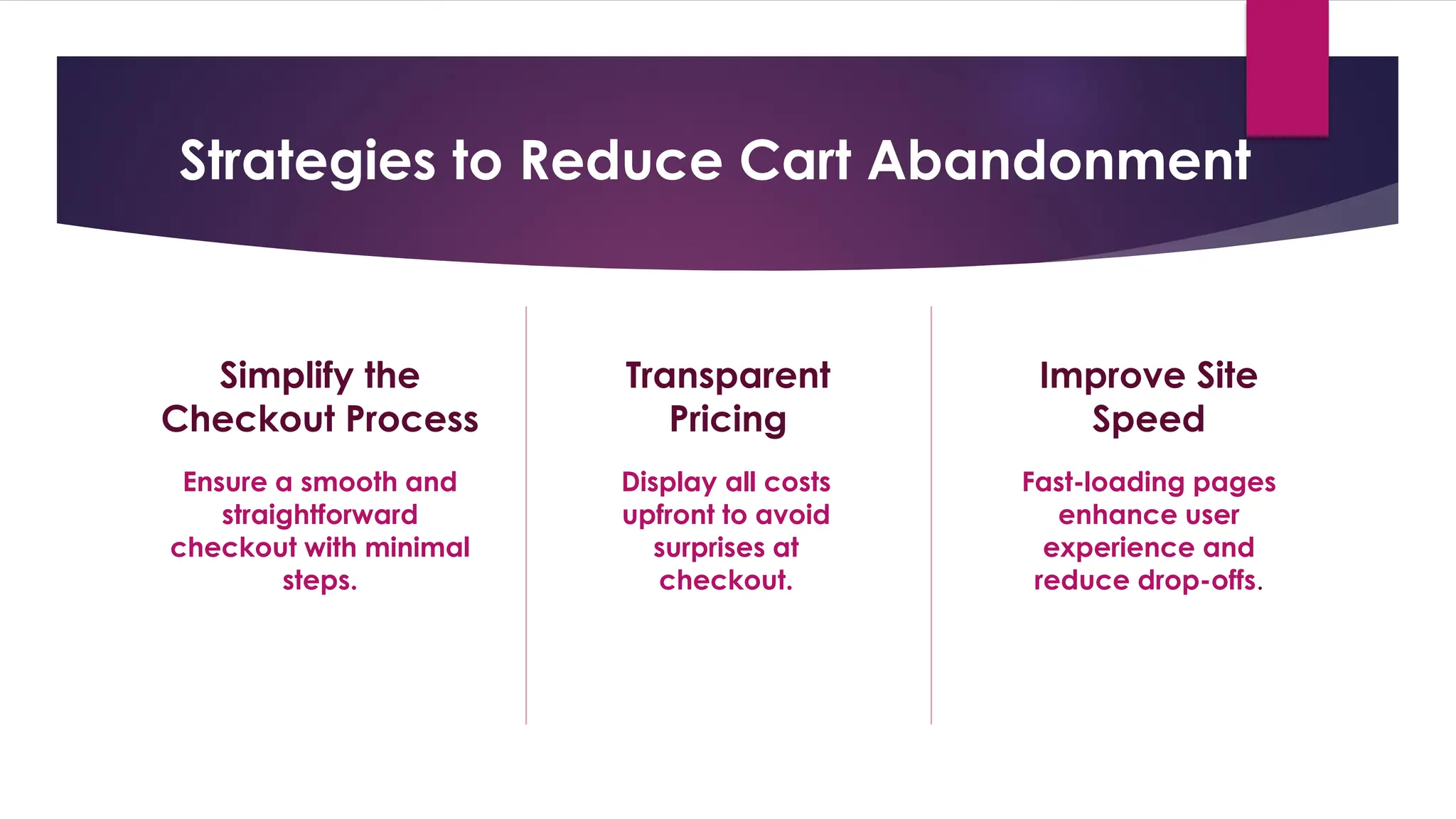 Strategies to Reduce Cart Abandonment
Ensure a smooth and
straightforward
checkout with minimal
steps.
Transparent
Pricing
Display all costs
upfront to avoid
surprises at
checkout.
Improve Site
Speed
Fast-loading pages
enhance user
experience and
reduce drop-offs.
Simplify the
Checkout Process
 