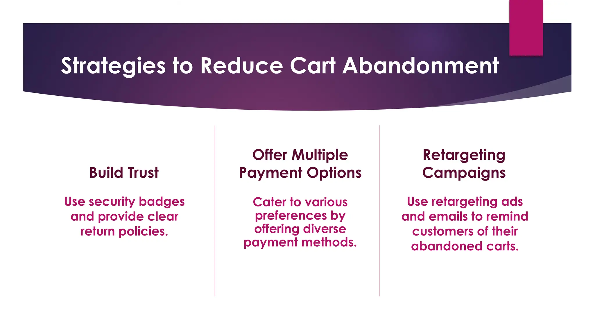 Strategies to Reduce Cart Abandonment
Build Trust
Use security badges
and provide clear
return policies.
Offer Multiple
Payment Options
Cater to various
preferences by
offering diverse
payment methods.
Retargeting
Campaigns
Use retargeting ads
and emails to remind
customers of their
abandoned carts.
 