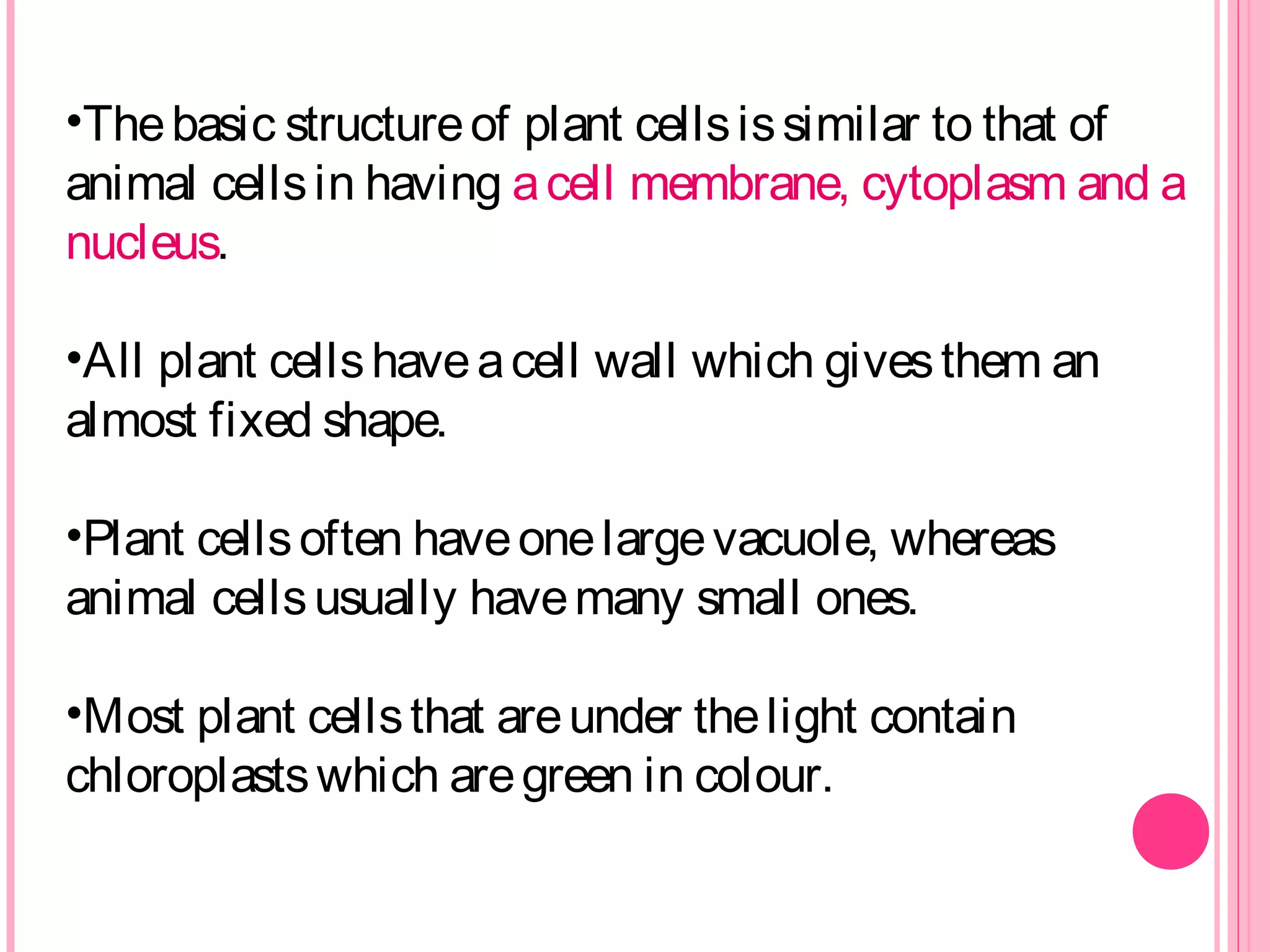 •Thebasic structureof plant cellsissimilar to that of
animal cellsin having acell membrane, cytoplasm and a
nucleus.
•All plant cellshaveacell wall which givesthem an
almost fixed shape.
•Plant cellsoften haveonelargevacuole, whereas
animal cellsusually havemany small ones.
•Most plant cellsthat areunder thelight contain
chloroplastswhich aregreen in colour.
 