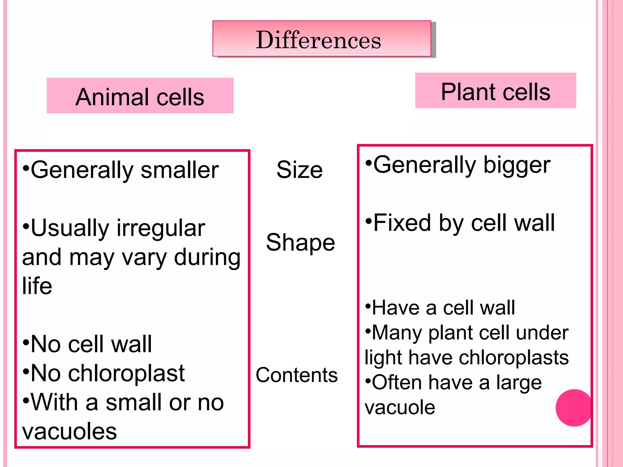 DifferencesDifferences
Animal cells Plant cells
•Generally smaller
•Usually irregular
and may vary during
life
•No cell wall
•No chloroplast
•With a small or no
vacuoles
•Generally bigger
•Fixed by cell wall
•Have a cell wall
•Many plant cell under
light have chloroplasts
•Often have a large
vacuole
Size
Shape
Contents
 