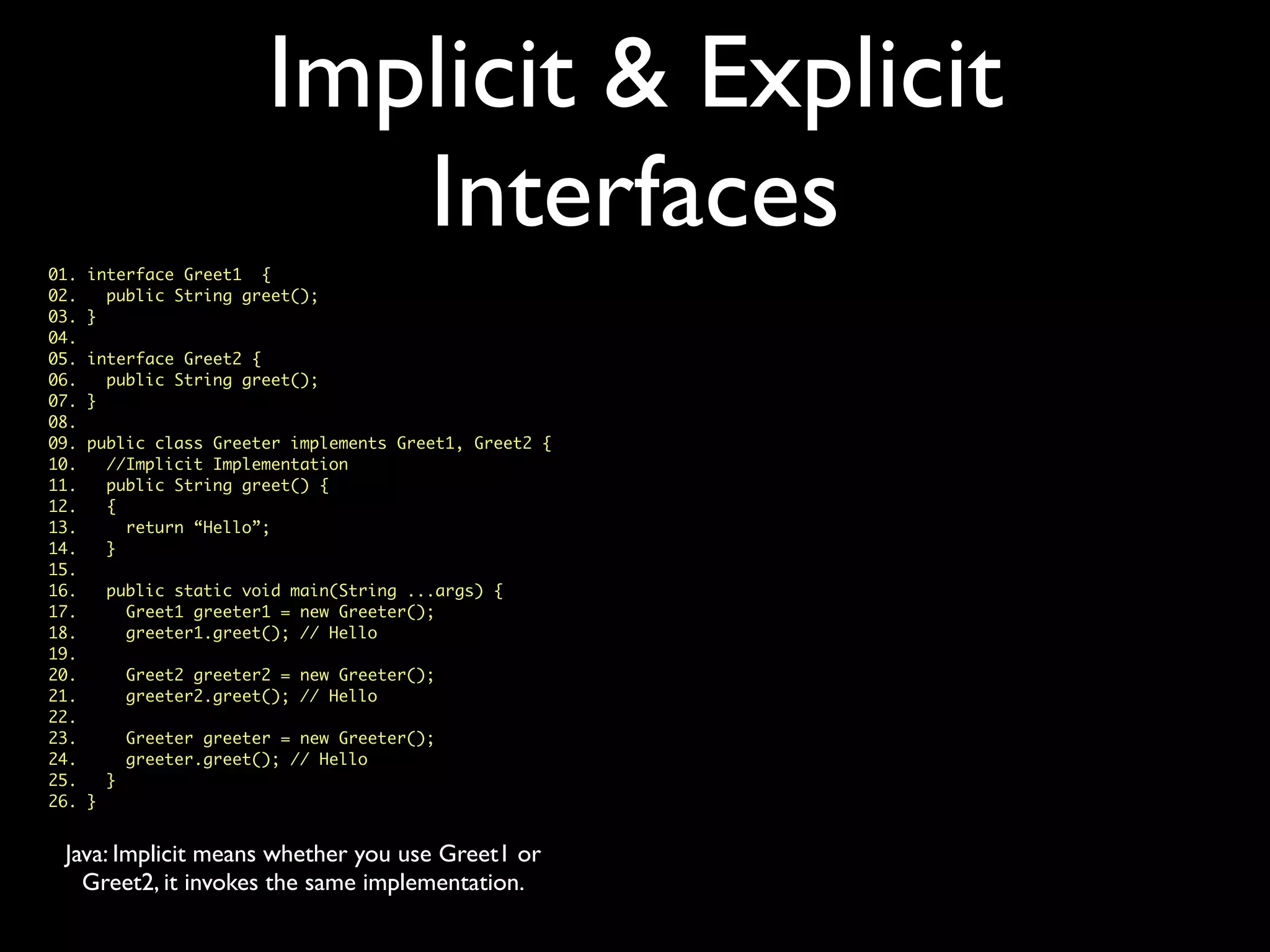 Implicit & Explicit
Interfaces
01. interface Greet1 {
02. public String greet();
03. }
04.
05. interface Greet2 {
06. public String greet();
07. }
08.
09. public class Greeter implements Greet1, Greet2 {
10. //Implicit Implementation
11. public String greet() {
12. {
13. return “Hello”;
14. }
15.
16. public static void main(String ...args) {
17. Greet1 greeter1 = new Greeter();
18. greeter1.greet(); // Hello
19.
20. Greet2 greeter2 = new Greeter();
21. greeter2.greet(); // Hello
22.
23. Greeter greeter = new Greeter();
24. greeter.greet(); // Hello
25. }
26. }
Java: Implicit means whether you use Greet1 or
Greet2, it invokes the same implementation.
 