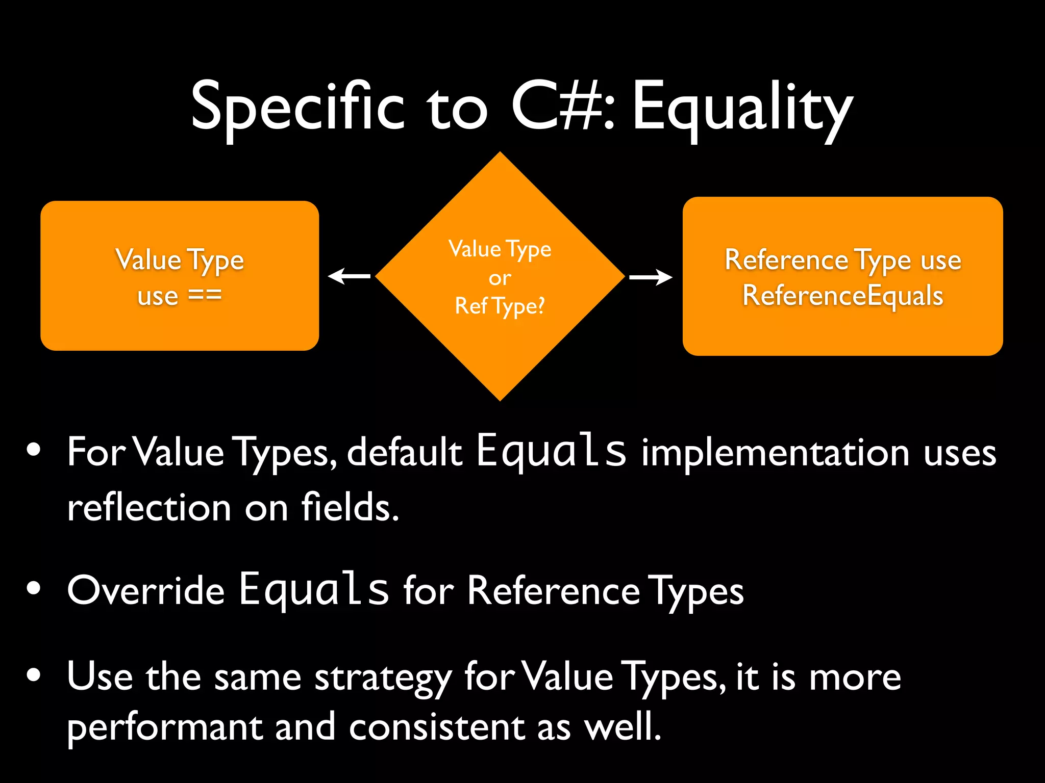 Value Type
or
Ref Type?
Value Type
use ==
Reference Type use
ReferenceEquals
Speciﬁc to C#: Equality
• ForValue Types, default Equals implementation uses
reﬂection on ﬁelds.
• Override Equals for Reference Types
• Use the same strategy forValue Types, it is more
performant and consistent as well.
 