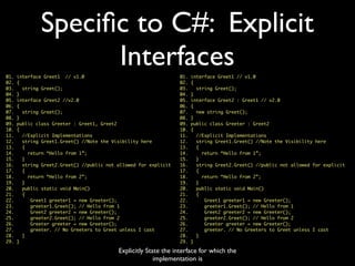 Speciﬁc to C#: Explicit
Interfaces01. interface Greet1 // v1.0
02. {
03. string Greet();
04. }
05. interface Greet2 : Greet1 // v2.0
06. {
07. new string Greet();
08. }
09. public class Greeter : Greet2
10. {
11. //Explicit Implementations
12. string Greet1.Greet() //Note the Visibility here
13. {
14. return “Hello from 1”;
15. }
16. string Greet2.Greet() //public not allowed for explicit
17. {
18. return “Hello from 2”;
19. }
20. public static void Main()
21. {
22. Greet1 greeter1 = new Greeter();
23. greeter1.Greet(); // Hello from 1
24. Greet2 greeter2 = new Greeter();
25. greeter2.Greet(); // Hello from 2
26. Greeter greeter = new Greeter();
27. greeter. // No Greeters to Greet unless I cast
28. }
29. }
01. interface Greet1 // v1.0
02. {
03. string Greet();
04. }
05. interface Greet2 //v2.0
06. {
07. string Greet();
08. }
09. public class Greeter : Greet1, Greet2
10. {
11. //Explicit Implementations
12. string Greet1.Greet() //Note the Visibility here
13. {
14. return “Hello from 1”;
15. }
16. string Greet2.Greet() //public not allowed for explicit
17. {
18. return “Hello from 2”;
19. }
20. public static void Main()
21. {
22. Greet1 greeter1 = new Greeter();
23. greeter1.Greet(); // Hello from 1
24. Greet2 greeter2 = new Greeter();
25. greeter2.Greet(); // Hello from 2
26. Greeter greeter = new Greeter();
27. greeter. // No Greeters to Greet unless I cast
28. }
29. }
Explicitly State the interface for which the
implementation is
 