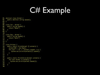C# Example
01. abstract class Animal {
02. public abstract string Speak();
03. }
04.
05. class Cat : Animal {
06. public string Speak() {
07. return “Meow!”;
08. }
09. }
10.
11. class Dog : Animal {
12. public string Speak() {
13. return “Bark!”;
14. }
15. }
16.
17. class Printer {
18. public static Print(Animal [] animals) {
19. animals[0] = new Dog();
20. for (var i = 0; i < animals.Length; i++) {
21. System.out.println(animals[i].speak();
22. }
23. }
24.
25. public static Print(IList<Animal> animals) {
26. for (var animal in animals) {
27. System.out.println(animal.Speak());
28. }
29. }
30.
 
