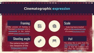 Cinematographic expression
The camera may take
the viewpoint of the
Pickpocket (1959)
The process of framing is
intended to eliminate what is
unessential in the motion
picture Seven Samurai (1954)
Shooting angle
Framing
The entire film is seen from the
camera/character’s point of
view so that the audience sees
only what the camera/character
sees Rear Window (1954)
PoV
Scale may have a marked
effect on the emotional tone
of a sceneKing Kong (1933)
Scale
 