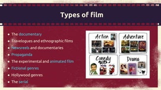 ● The documentary
● Travelogues and ethnographic films
● Newsreels and documentaries
● Propaganda
● The experimental and animated film
● Fictional genres
● Hollywood genres
● The serial
Types of film
 