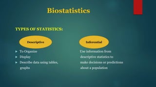 Biostatistics
TYPES OF STATISTICS:
 To Organize Use information from
 Display descriptive statistics to
 Describe data using tables, make decisions or predictions
graphs about a population
Descriptive Inferential
 