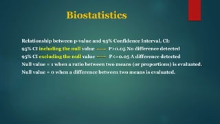 Biostatistics
Relationship between p-value and 95% Confidence Interval, CI:
95% CI including the null value P>0.05 No difference detected
95% CI excluding the null value P<=0.05 A difference detected
Null value = 1 when a ratio between two means (or proportions) is evaluated.
Null value = 0 when a difference between two means is evaluated.
 