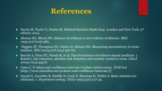 References
 Harris M, Taylor G, Dunitz M. Medical Statistics Made Easy. London and New York: 3rd
edition; 2014.
 Altman DG, Bland JM. Absence of evidence is not evidence of absence. BMJ
1995;311(7003):485.
 Higgins JP, Thompson SG, Deeks JJ, Altman DG. Measuring inconsistency in meta-
analyses. BMJ 2003;327(7414):557-60.
 Barratt A, Wyer PC, Hatala R, et al. Tips for learners of evidence-based medicine: 1.
Relative risk reduction, absolute risk reduction and number needed to treat. CMAJ
2004;171(4):353-8.
 Cates C. P values and confidence intervals (Update Article 2005). [Full text
(http://www.nntonline.net/pvalues-and-confidence-intervals/)]
 Guyatt G, Jaeschke R, Heddle N, Cook D, Shannon H, Walter S. Basic statistics for
clinicians: 1. Hypothesis testing. CMAJ 1995;152(1):27-32.
 