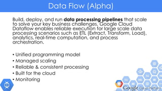 Data Flow (Alpha)
Build, deploy, and run data processing pipelines that scale
to solve your key business challenges. Google Cloud
Dataflow enables reliable execution for large scale data
processing scenarios such as ETL (Extract, Transform, Load),
analytics, real-time computation, and process
orchestration.
• Unified programming model
• Managed scaling
• Reliable & consistent processing
• Built for the cloud
• Monitoring
 