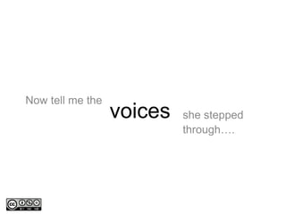 Now tell me the
she stepped
through….
voices
 