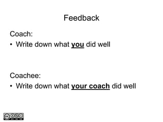 Feedback
Coach:
• Write down what you did well
Coachee:
• Write down what your coach did well
 