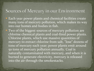 Each year power plants and chemical facilities create many tons of mercury pollution, which makes its way into our homes and bodies in fish. Two of the biggest sources of mercury pollution are chlorine chemical plants and coal-fired power plants. Chlorine plants, which use massive quantities of mercury to extract chlorine from salt, "lose" dozens of tons of mercury each year; power plants emit around 50 tons of mercury pollution annually. Coal is naturally contaminated with mercury, and when it is burned to generate electricity, mercury is released into the air through the smokestacks. 