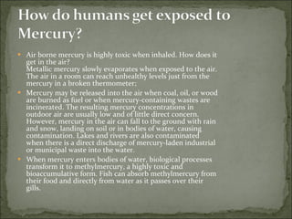 Air borne mercury is highly toxic when inhaled. How does it get in the air? Metallic mercury slowly evaporates when exposed to the air. The air in a room can reach unhealthy levels just from the mercury in a broken thermometer;  Mercury may be released into the air when coal, oil, or wood are burned as fuel or when mercury-containing wastes are incinerated. The resulting mercury concentrations in outdoor air are usually low and of little direct concern. However, mercury in the air can fall to the ground with rain and snow, landing on soil or in bodies of water, causing contamination. Lakes and rivers are also contaminated when there is a direct discharge of mercury-laden industrial or municipal waste into the water.  When mercury enters bodies of water, biological processes transform it to methylmercury, a highly toxic and bioaccumulative form. Fish can absorb methylmercury from their food and directly from water as it passes over their gills.  