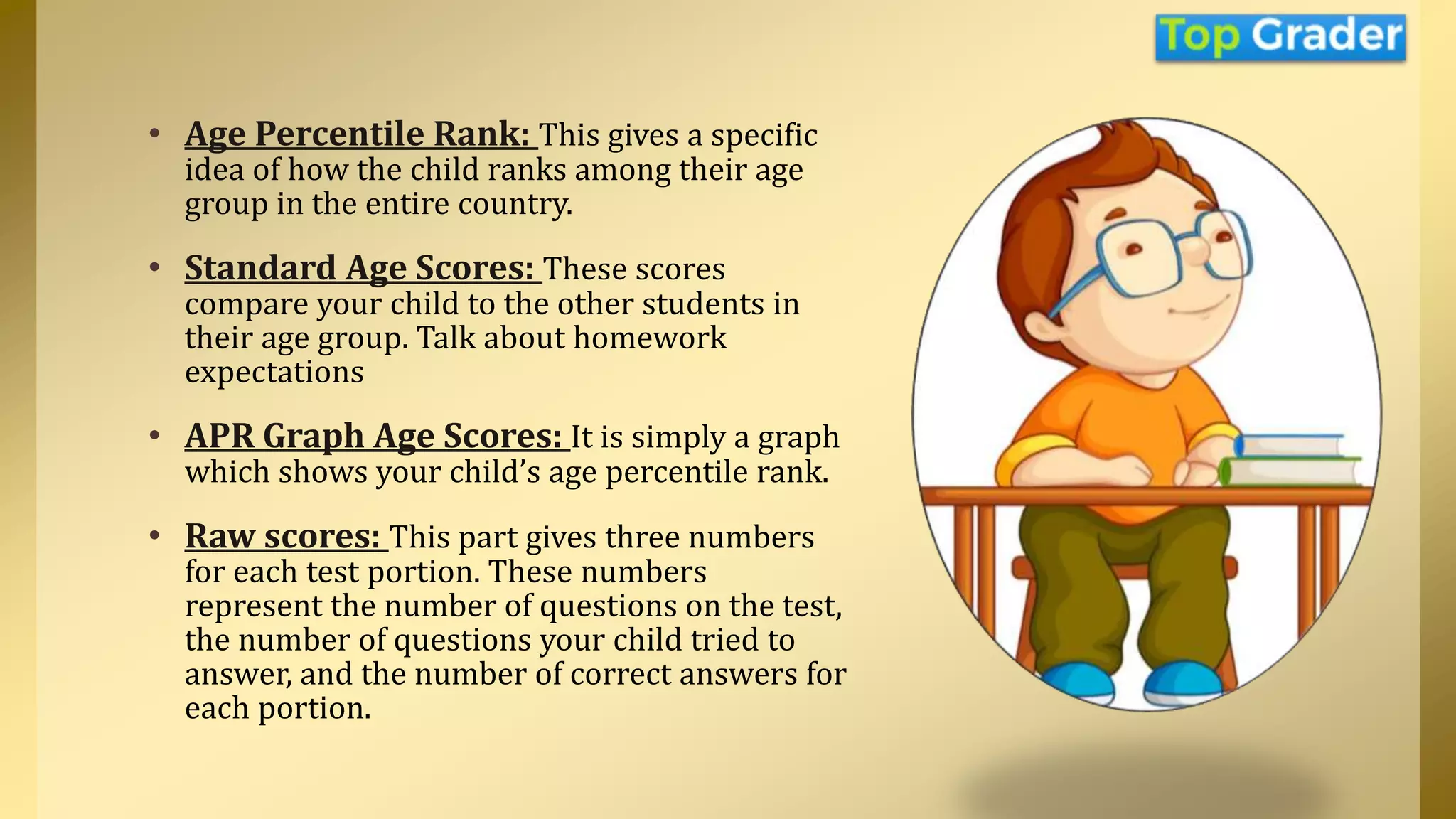 • Age Percentile Rank: This gives a specific
idea of how the child ranks among their age
group in the entire country.
• Standard Age Scores: These scores
compare your child to the other students in
their age group. Talk about homework
expectations
• APR Graph Age Scores: It is simply a graph
which shows your child’s age percentile rank.
• Raw scores: This part gives three numbers
for each test portion. These numbers
represent the number of questions on the test,
the number of questions your child tried to
answer, and the number of correct answers for
each portion.
 