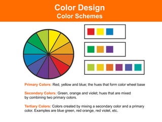 Primary Colors: Red, yellow and blue; the hues that form color wheel base!
Secondary Colors: Green, orange and violet; hues that are mixed
by combining two primary colors.
Tertiary Colors: Colors created by mixing a secondary color and a primary
color. Examples are blue green, red orange, red violet, etc.!
Color Design
Color Schemes
 