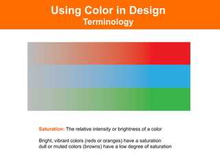 Using Color in Design
Terminology
Saturation: The relative intensity or brightness of a color
Bright, vibrant colors (reds or oranges) have a saturation
dull or muted colors (browns) have a low degree of saturation
 