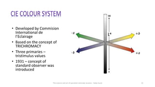 • Developed by Commision
International de
l’Eclairage
• Based on the concept of
TRICHROMACY
• Three primaries –
tristimulus values
• 1931 – concept of
standard observer was
introduced
The science and art of porcelain laminate veneers - Galip Gurel 22
 