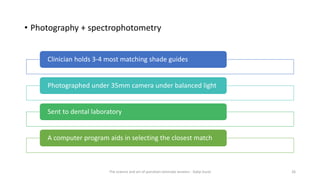 • Photography + spectrophotometry
Clinician holds 3-4 most matching shade guides
Photographed under 35mm camera under balanced light
Sent to dental laboratory
A computer program aids in selecting the closest match
The science and art of porcelain laminate veneers - Galip Gurel 26
 