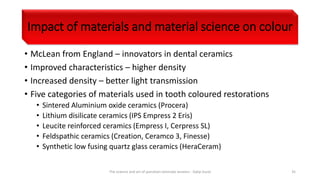 Impact of materials and material science on colour
• McLean from England – innovators in dental ceramics
• Improved characteristics – higher density
• Increased density – better light transmission
• Five categories of materials used in tooth coloured restorations
• Sintered Aluminium oxide ceramics (Procera)
• Lithium disilicate ceramics (IPS Empress 2 Eris)
• Leucite reinforced ceramics (Empress I, Cerpress SL)
• Feldspathic ceramics (Creation, Ceramco 3, Finesse)
• Synthetic low fusing quartz glass ceramics (HeraCeram)
The science and art of porcelain laminate veneers - Galip Gurel 35
 