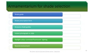 Armamentarium for shade selection
Shade guide
Shade prescription form
Accesory shade guides
Instant photograph or slide
Daylight colour corrected fluorescent lighting
Neutral environment
The science and art of porcelain laminate veneers - Galip Gurel
49
 