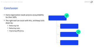 8 | To change this title: View > Master > Slide Master perforce.com
Conclusion
• Every organization needs process accountability
for their SOPs
• The right tool can assist with this, and keep costs
down by:
• Reducing risk
• Reducing costs
• Improving efficiency
 