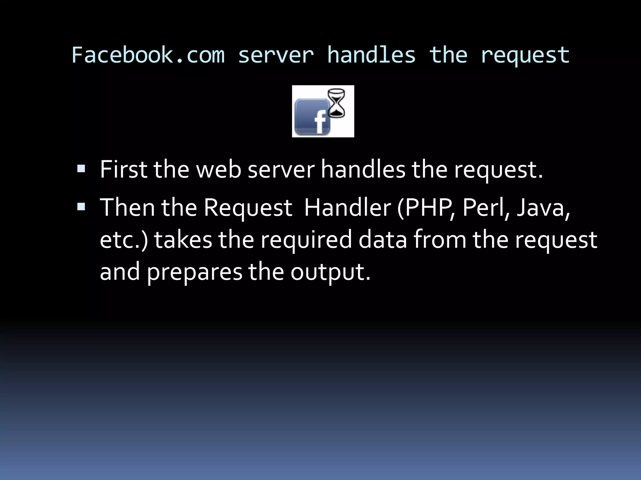 Facebook.com server handles the request



 First the web server handles the request.
 Then the Request Handler (PHP, Perl, Java,
  etc.) takes the required data from the request
  and prepares the output.
 