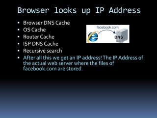 Browser looks up IP Address
   Browser DNS Cache
   OS Cache
   Router Cache
   ISP DNS Cache
   Recursive search
   After all this we get an IP address! The IP Address of
    the actual web server where the files of
    facebook.com are stored.
 