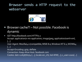 Browser sends a HTTP request to the
    webserver



 Browser cache?! – Not possible. Facebook is
  dynamic
 GET http://facebook.com/ HTTP/1.1
  Accept: application/x-ms-application, image/jpeg, application/xaml+xml,
  [...]
  User-Agent: Mozilla/4.0 (compatible; MSIE 8.0; Windows NT 6.1; WOW64;
  [...]
  Accept-Encoding: gzip, deflate
  Connection: Keep-Alive Host: facebook.com
  Cookie: datr=1265876274-[...]; locale=en_US; lsd=WW[...]; c_user=2101[...]
 