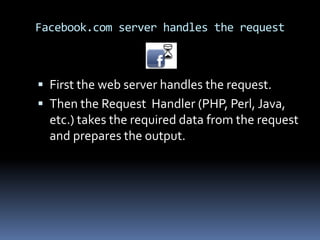 Facebook.com server handles the request



 First the web server handles the request.
 Then the Request Handler (PHP, Perl, Java,
  etc.) takes the required data from the request
  and prepares the output.
 