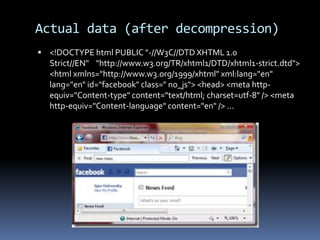 Actual data (after decompression)
 <!DOCTYPE html PUBLIC "-//W3C//DTD XHTML 1.0
  Strict//EN" "http://www.w3.org/TR/xhtml1/DTD/xhtml1-strict.dtd">
  <html xmlns="http://www.w3.org/1999/xhtml" xml:lang="en"
  lang="en" id="facebook" class=" no_js"> <head> <meta http-
  equiv="Content-type" content="text/html; charset=utf-8" /> <meta
  http-equiv="Content-language" content="en" /> ...
 