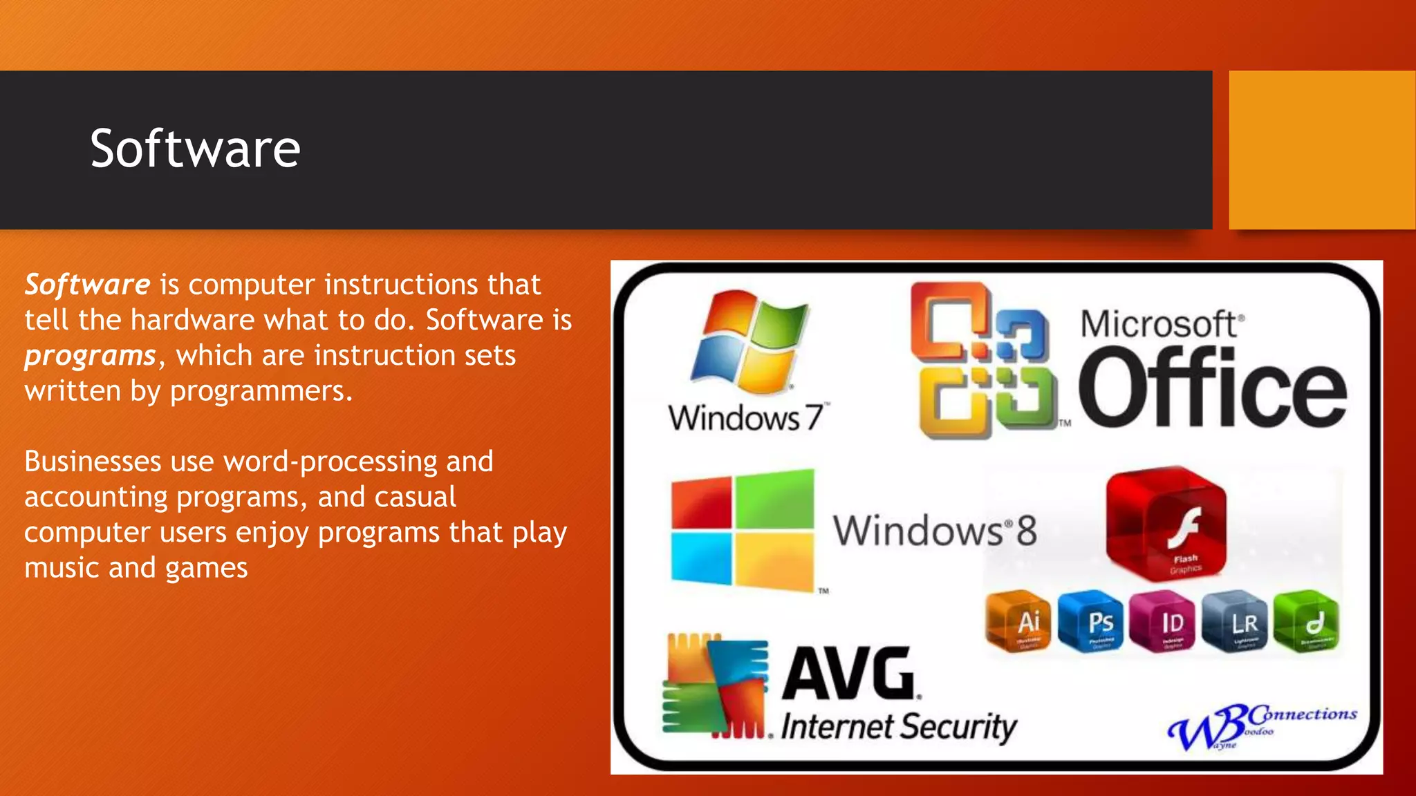 Software
Software is computer instructions that
tell the hardware what to do. Software is
programs, which are instruction sets
written by programmers.
Businesses use word-processing and
accounting programs, and casual
computer users enjoy programs that play
music and games
 