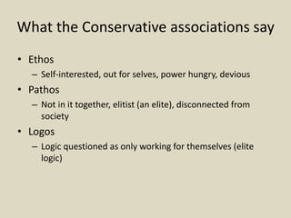 What the Conservative associations say
• Ethos
– Self-interested, out for selves, power hungry, devious
• Pathos
– Not in it together, elitist (an elite), disconnected from
society
• Logos
– Logic questioned as only working for themselves (elite
logic)
 