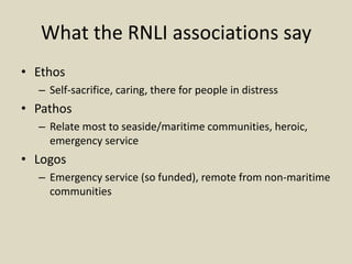 What the RNLI associations say
• Ethos
– Self-sacrifice, caring, there for people in distress
• Pathos
– Relate most to seaside/maritime communities, heroic,
emergency service
• Logos
– Emergency service (so funded), remote from non-maritime
communities
 