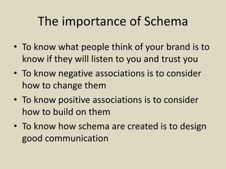 The importance of Schema
• To know what people think of your brand is to
know if they will listen to you and trust you
• To know negative associations is to consider
how to change them
• To know positive associations is to consider
how to build on them
• To know how schema are created is to design
good communication
 
