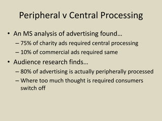 Peripheral v Central Processing
• An MS analysis of advertising found…
– 75% of charity ads required central processing
– 10% of commercial ads required same
• Audience research finds…
– 80% of advertising is actually peripherally processed
– Where too much thought is required consumers
switch off
 