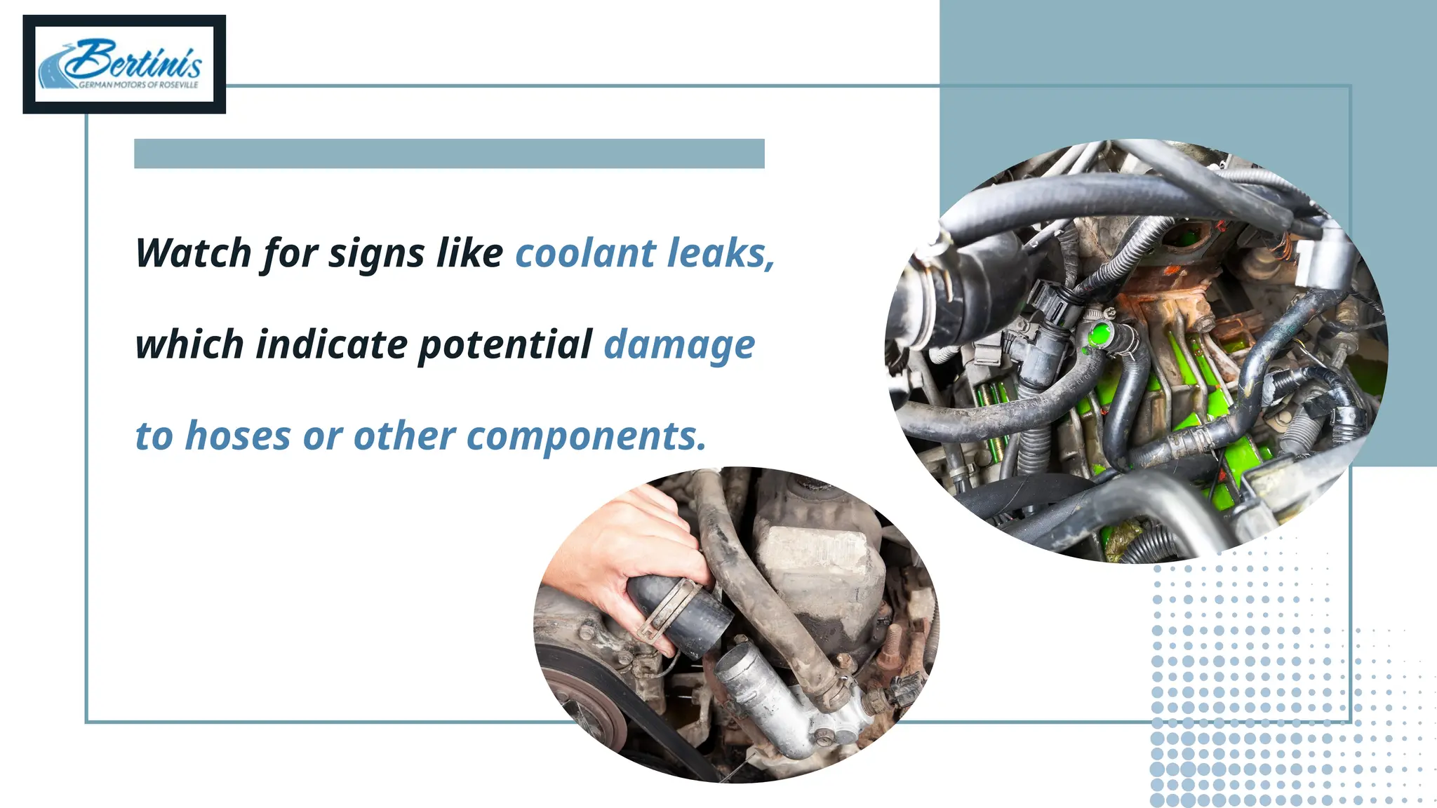 Watch for signs like coolant leaks,
which indicate potential damage
to hoses or other components.
 