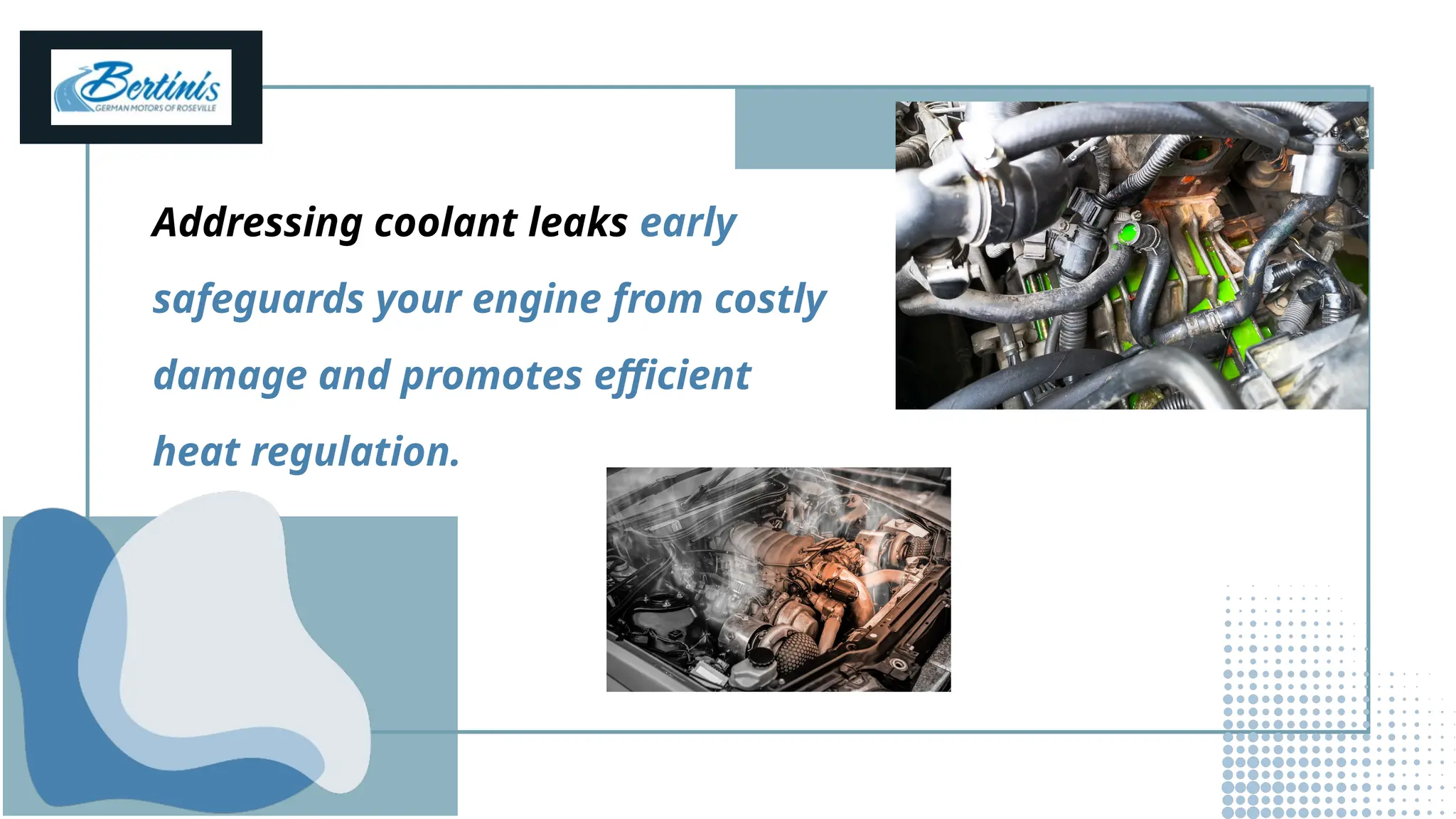 Addressing coolant leaks early
safeguards your engine from costly
damage and promotes efficient
heat regulation.
 