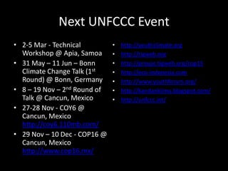 Reported Reaction after Jan 31, 2010Source : UNFCCC Final Report on Copenhagen AccordNext UNFCCC Event2-5 Mar - Technical Workshop @ Apia, Samoa31 May – 11 Jun – Bonn Climate Change Talk (1st Round) @ Bonn, Germany8 – 19 Nov – 2nd Round of Talk @ Cancun, Mexico27-28 Nov - COY6 @ Cancun, Mexico http://coy6.110mb.com/29 Nov – 10 Dec - COP16 @ Cancun, Mexico http://www.cop16.mx/http://youthclimate.org