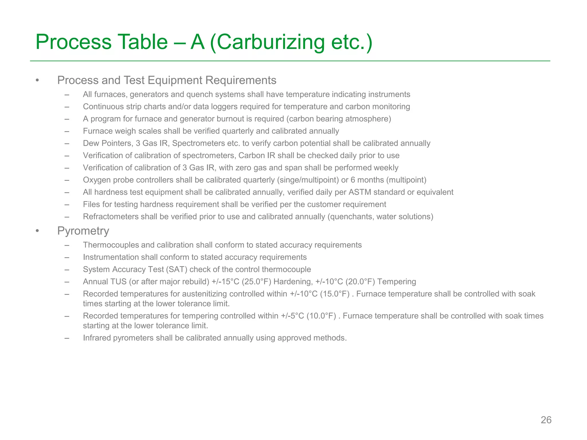 Process Table – A (Carburizing etc.)
• Process and Test Equipment Requirements
– All furnaces, generators and quench systems shall have temperature indicating instruments
– Continuous strip charts and/or data loggers required for temperature and carbon monitoring
– A program for furnace and generator burnout is required (carbon bearing atmosphere)
– Furnace weigh scales shall be verified quarterly and calibrated annually
– Dew Pointers, 3 Gas IR, Spectrometers etc. to verify carbon potential shall be calibrated annually
– Verification of calibration of spectrometers, Carbon IR shall be checked daily prior to use
– Verification of calibration of 3 Gas IR, with zero gas and span shall be performed weekly
– Oxygen probe controllers shall be calibrated quarterly (singe/multipoint) or 6 months (multipoint)
– All hardness test equipment shall be calibrated annually, verified daily per ASTM standard or equivalent
– Files for testing hardness requirement shall be verified per the customer requirement
– Refractometers shall be verified prior to use and calibrated annually (quenchants, water solutions)
• Pyrometry
– Thermocouples and calibration shall conform to stated accuracy requirements
– Instrumentation shall conform to stated accuracy requirements
– System Accuracy Test (SAT) check of the control thermocouple
– Annual TUS (or after major rebuild) +/-15°C (25.0°F) Hardening, +/-10°C (20.0°F) Tempering
– Recorded temperatures for austenitizing controlled within +/-10°C (15.0°F) . Furnace temperature shall be controlled with soak
times starting at the lower tolerance limit.
– Recorded temperatures for tempering controlled within +/-5°C (10.0°F) . Furnace temperature shall be controlled with soak times
starting at the lower tolerance limit.
– Infrared pyrometers shall be calibrated annually using approved methods.
26
 