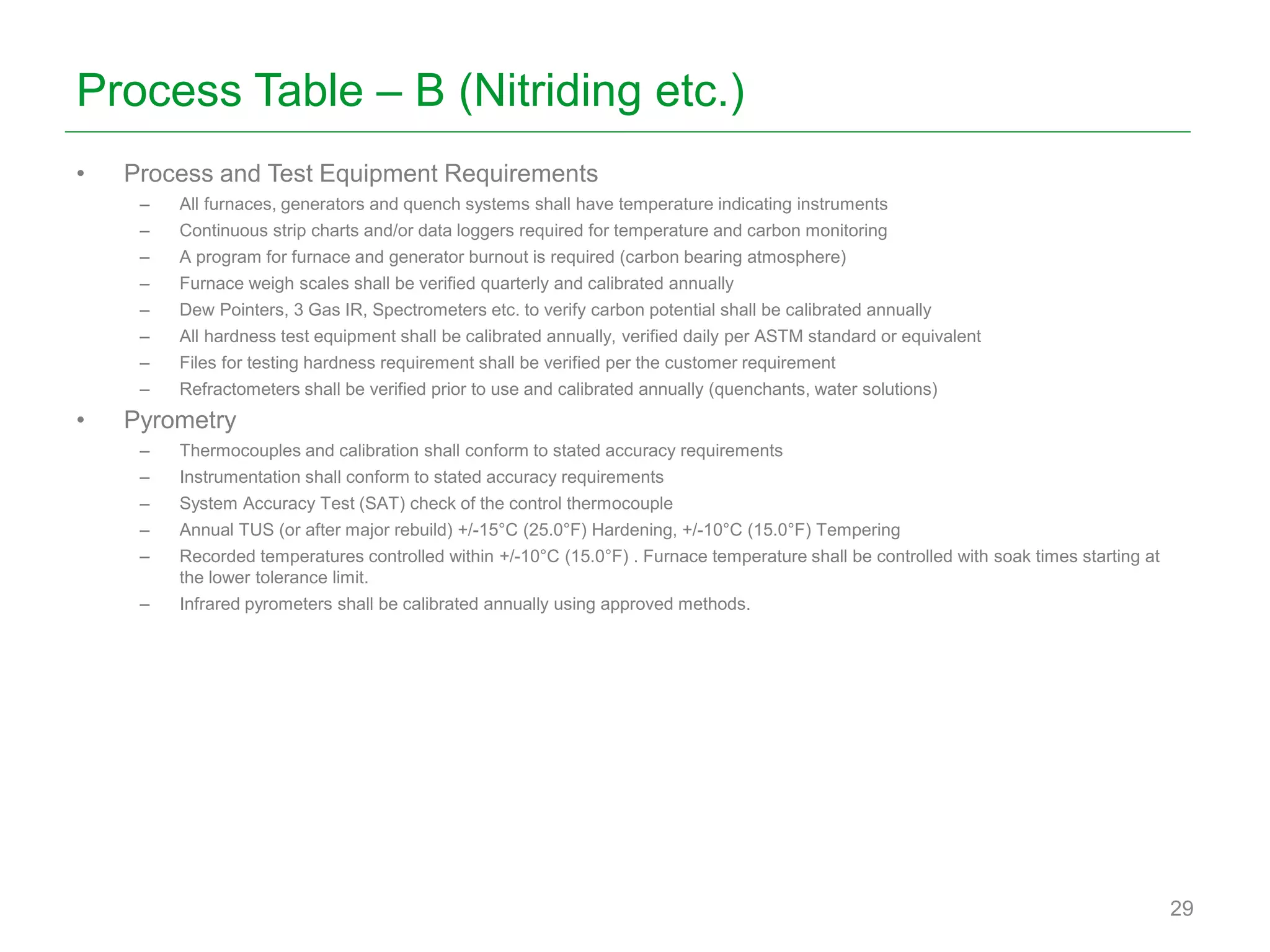Process Table – B (Nitriding etc.)
• Process and Test Equipment Requirements
– All furnaces, generators and quench systems shall have temperature indicating instruments
– Continuous strip charts and/or data loggers required for temperature and carbon monitoring
– A program for furnace and generator burnout is required (carbon bearing atmosphere)
– Furnace weigh scales shall be verified quarterly and calibrated annually
– Dew Pointers, 3 Gas IR, Spectrometers etc. to verify carbon potential shall be calibrated annually
– All hardness test equipment shall be calibrated annually, verified daily per ASTM standard or equivalent
– Files for testing hardness requirement shall be verified per the customer requirement
– Refractometers shall be verified prior to use and calibrated annually (quenchants, water solutions)
• Pyrometry
– Thermocouples and calibration shall conform to stated accuracy requirements
– Instrumentation shall conform to stated accuracy requirements
– System Accuracy Test (SAT) check of the control thermocouple
– Annual TUS (or after major rebuild) +/-15°C (25.0°F) Hardening, +/-10°C (15.0°F) Tempering
– Recorded temperatures controlled within +/-10°C (15.0°F) . Furnace temperature shall be controlled with soak times starting at
the lower tolerance limit.
– Infrared pyrometers shall be calibrated annually using approved methods.
29
 