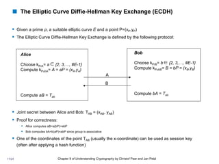! The Elliptic Curve Diffie-Hellman Key Exchange (ECDH)
§ Given a prime p, a suitable elliptic curve E and a point P=(xP,yP)
§ The Elliptic Curve Diffie-Hellman Key Exchange is defined by the following protocol:
§ Joint secret between Alice and Bob: TAB = (xAB, yAB)
§ Proof for correctness:
§ Alice computes aB=a(bP)=abP
§ Bob computes bA=b(aP)=abP since group is associative
§ One of the coordinates of the point TAB (usually the x-coordinate) can be used as session key
(often after applying a hash function)
Chapter 9 of Understanding Cryptography by Christof Paar and Jan Pelzl
Alice
Choose kPrA= a {2, 3,…, #E-1}
Compute kPubA= A = aP = (xA,yA)
Compute aB = Tab
∈
Bob
Choose kPrB= b {2, 3,…, #E-1}
Compute kPubB= B = bP = (xB,yB)
Compute bA = Tab
A
B
∈
17/24
 