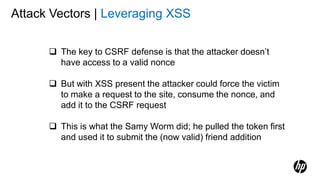 Attack Vectors | Leveraging XSS
 The key to CSRF defense is that the attacker doesn’t
have access to a valid nonce
 But with XSS present the attacker could force the victim
to make a request to the site, consume the nonce, and
add it to the CSRF request
 This is what the Samy Worm did; he pulled the token first
and used it to submit the (now valid) friend addition
 