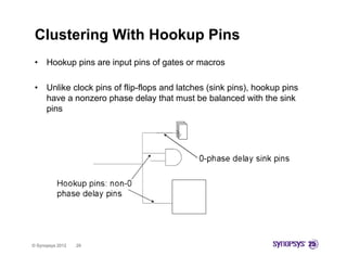 Clustering With Hookup Pins
 •    Hookup pins are input pins of gates or macros

 •    Unlike clock pins of flip-flops and latches (sink pins), hookup pins
      have a nonzero phase delay that must be balanced with the sink
      pins




© Synopsys 2012   29
 