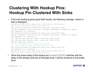 Clustering With Hookup Pins:
    Hookup Pin Clustered With Sinks
•   If the trial clustering gives good QoR results, the following message shown in
    blue is displayed :
    CTS:   BA: lp (1.968, 2.031): skew (0.257, 0.194) c(0.076, 0.072) viol(y y)
    CTS:   -----------------------------------------------
    CTS:   Starting clustering for bufbd7 with target load = worst[0.000 0.005]
    CTS:   BA: rootNetCap = 0.071776: targ cap = 0.045000: targ wirecap = 0.000000: not relaxed
    CTS:   Completed 2 to 2 clustering
    CTS:   Starting clustering for bufbd7 with target load = worst[0.000 0.005]
    CTS:   BA: rootNetCap = 0.071776: targ cap = 0.045000: targ wirecap = 0.000000: not relaxed
    CTS:   Completed 2 to 1 clustering
    CTS:    BA: this delay [max min] (skew) = worst[2.040 1.844] (0.196)
    CTS:    BA: next delay [max min] (skew) = worst[2.161 1.965] (0.196)
    CTS:   BA: target cap = 0.048 pf
    CTS:   Pin 1: periph/U5659/A is selected for next level
    CTS:     delay [max min] (skew) = worst[1.976 1.921] (0.055)
    CTS:   Starting clustering for bufbd7 with target load = worst[0.000 0.005]
    CTS:   Completed 2 to 2 clustering
              p                      g
    CTS:   BA: lp (2.031, 2.153): skew (0.194, 0.210) c(0.072, 0.026) viol(n n)
    CTS:   -----------------------------------------------

•   When the phase delay of the hookup pin periph/U5659/A matches with the
    delay of the already built tree at that g
        y              y                    gate level, it will be clustered at that buffer
                                                      ,
    level.

© Synopsys 2012   31
 