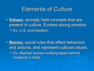 Elements of Culture
 Values: strongly held concepts that are
 present in culture. Evokes strong emotion.
     Ex. U.S. and freedom.


 Norms: social rules that affect behaviors
 and actions, and represent cultural values.
     Ex. Married women walking steps behind
      husband in India.
 