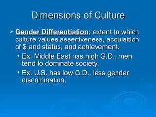 Dimensions of Culture
 Gender Differentiation: extent to which
 culture values assertiveness, acquisition
 of $ and status, and achievement.
   Ex. Middle East has high G.D., men

    tend to dominate society.
   Ex. U.S. has low G.D., less gender

    discrimination.
 