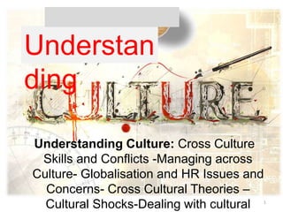 Understanding Culture: Cross Culture
Skills and Conflicts -Managing across
Culture- Globalisation and HR Issues and
Concerns- Cross Cultural Theories –
Cultural Shocks-Dealing with cultural 1
Understan
ding
 