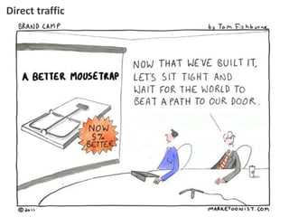 Direct traffic
• Direct site visits (brand searches / app store downloads) are often a
big % of conversions
• They don’t happen by magic, but how do you attribute?
1. Make sure your analytics is set up properly and you are tracking
everything you can (e.g. clicks from emails)
2. Track referrals (e.g. with MentionMe)
3. Strip out all attributable traffic
4. Strip out repeat customers
5. Look for spikes in sales, link back to PR (or app store featuring,
promotions or brand advertising)
6. Assume a ‘halo effect’ of paid advertising, 10-20% more conversions
7. Remainder is genuine word of mouth. If it is increasing
congratulations – you are viral!
 